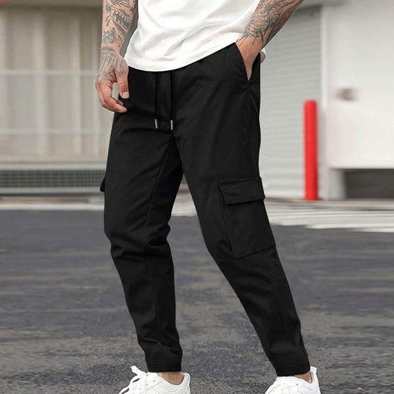 Fengqque Men's Casual Cargo Joggers Pants Waffle Stretch Elastic Waist Drawstring Tapered Sweatpants with Pockets Black S(S)
