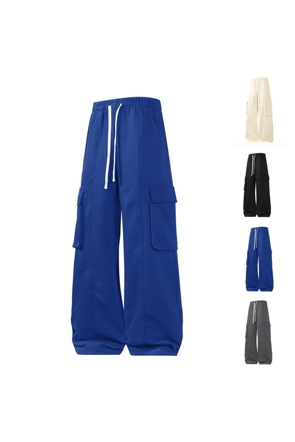 Men's Casual Cargo Pants Drawstring Elastic Waist Workout Wide-leg Pants Hiking Tactical Sweatpants with Pockets Navy XS(XS)