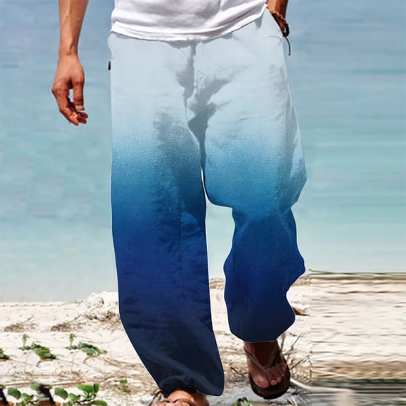 Fengqque Men's Casual Fashion Gradient Printed Elastic Waistband Drawstring Loose Straight Leg Pants Dark Blue 4(S)