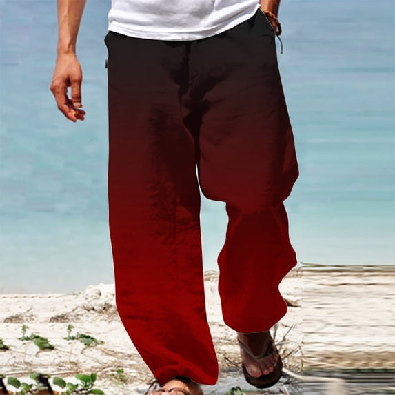 Fengqque Men's Casual Fashion Gradient Printed Elastic Waistband Drawstring Loose Straight Leg Pants Red 8(L)
