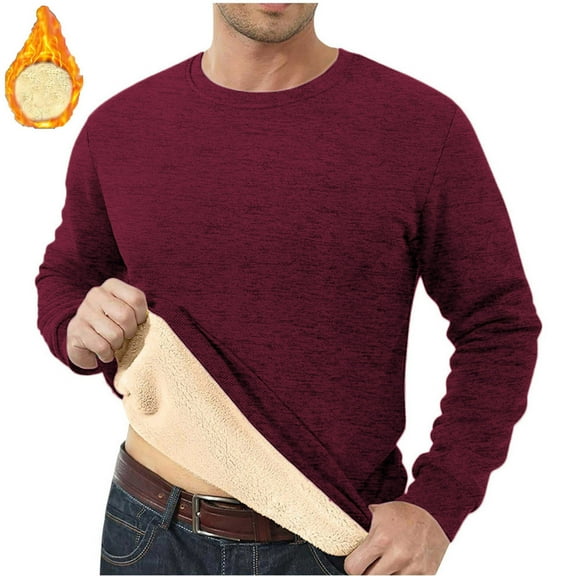 Fengqque Men's Casual Fashion Solid Color Round Neck Long Sleeved Lamb Wool Thick T-shirt Wine M(M)