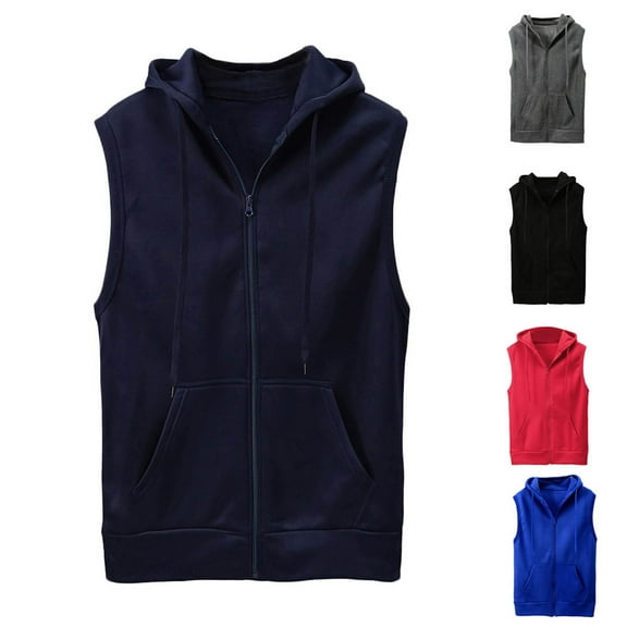 Fengqque Men's Casual Fashion Solid Color Sleeveless Hooded Drawstring Full Zipper Vest Jacket with Pockets Red 6(XL)