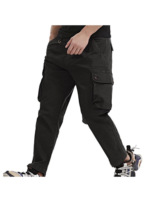 Men's Casual Fashionable Multi Pockets Micro Elastic Slim Fit Cargo Pants Joggers Black 4(M)