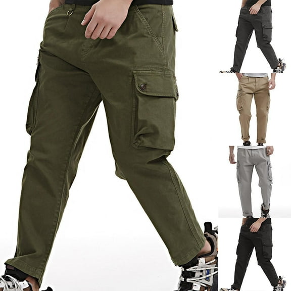 Fengqque Men's Casual Fashionable Multi Pockets Micro Elastic Slim Fit Cargo Pants Joggers Khaki 8(XL)