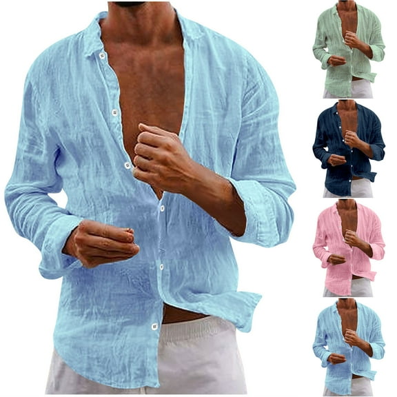 Fengqque Men's Casual Solid Color Breathable Turn-Down Collar Long Sleeve Shirts Loose Blouse Sky Blue 10(XL)