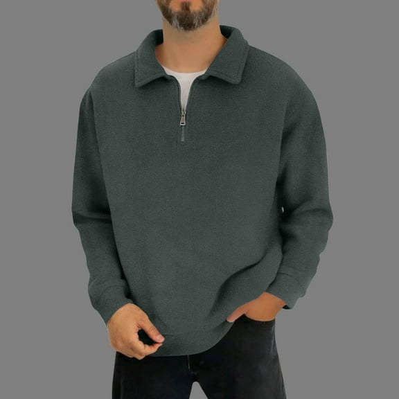 Fengqque Men's Casual Solid Color Long Sleeved Quarter Zipper Lapel Fashionable Polar Fleece Warm Top Dark Gray M(M)