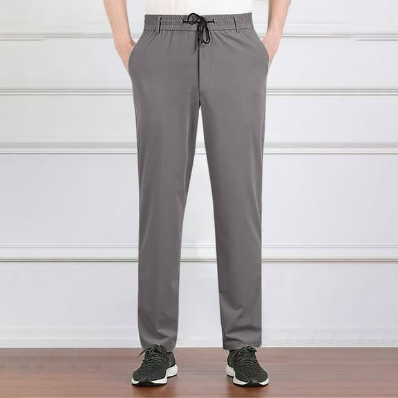 Fengqque Men's Casual Straight Tube Pants Relaxed Fit Drawstring Elastic Waist Lightweight Trousers Dark Gray 10(XL)