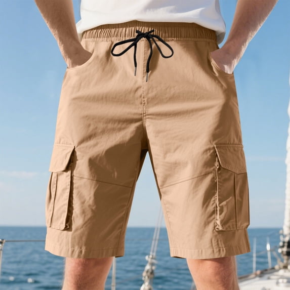 Fengqque Men's Casual Stretch Cargo Shorts Classic Drawstring Elastic Waist Summer Work Short with Multi Pockets Khaki M(M)