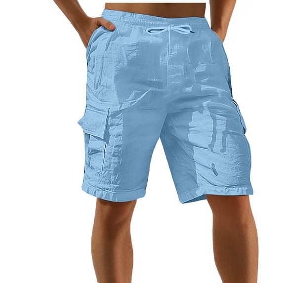 Fengqque Men's Casual Stretch Cargo Shorts Classic Drawstring Elastic Waist Summer Work Short with Multi Pockets Light Blue 8(L)