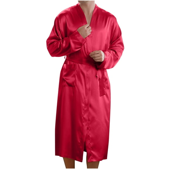 Fengqque Men's Casual and Comfortable Mid-length Lace Up with Pockets Simulated Silk Home Nightgown Hot Pink 10(XXL)