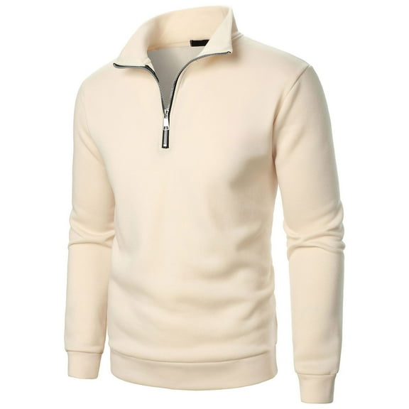 Fengqque Men's Casual and Comfortable Solid Color Pullover 1/4 Zip Stand Collar Long Sleeve Sweatshirts Beige S(S)