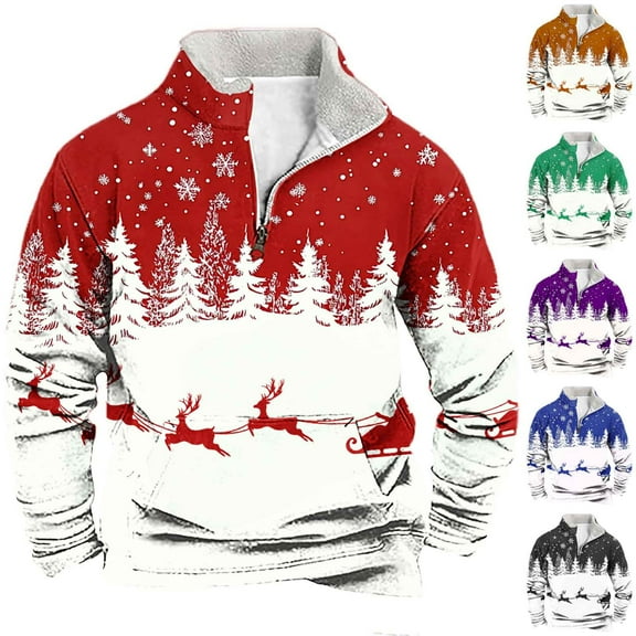 Fengqque Men's Casual and Comfortable Sweatshirt Long Sleeve Stand Up Collar Zipper Christmas Print Pullover Top Red 10(XL)