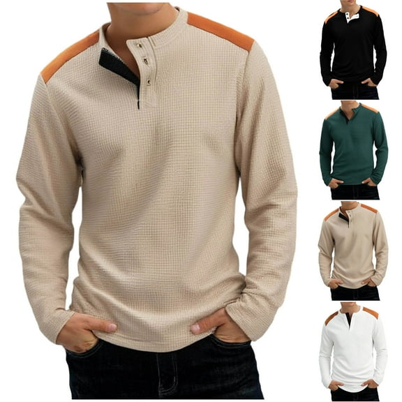 Fengqque Men's Casual and Fashionable Solid Color Round Neck Waffle Button Color Blocked Top Long Sleeved Round Neck Shirt White XL(XL)