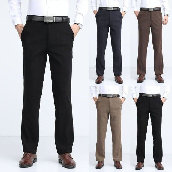 Fengqque Men's Classic Fit Corduroy Dress Pants High Waist Pleated Button Straight-leg Pants Khaki XL(XL)