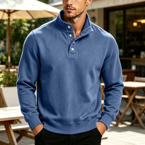Fengqque Men’s Classic Quarter Button Stand Collar Sweatshirts Golf Daily office Wear Four Button Placket Long Sleeve Regular Fit Pullover Tops Blue L