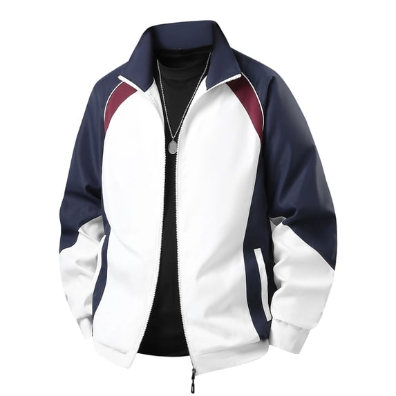 Fengqque Men's Color Block Raglan Sleeve Jacket, Turndown Collar Full Zip Coat with Side Pockets White-A 3XL