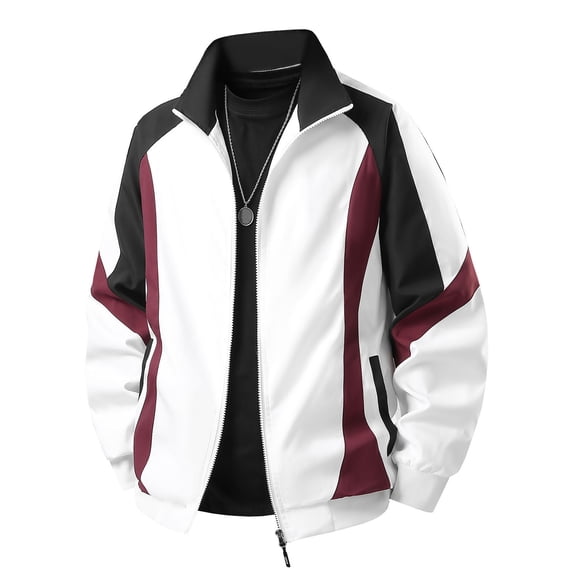 Fengqque Men's Color Block Raglan Sleeve Jacket, Turndown Collar Full Zip Coat with Side Pockets White L