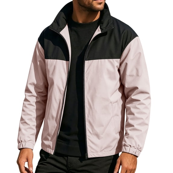 Fengqque Men's Color‑Block Stand Collar Jacket Full Zip Up Long Sleeve Lightweight Windbreaker with Zippered Side Pockets Pink XXS