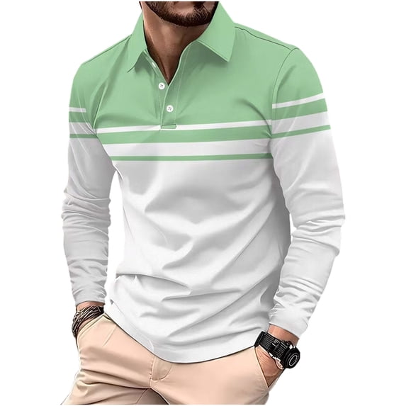 Coloufull Button Fengqque Men's Color Block Striped Long Sleeve Polo Shirt Turndown ...
