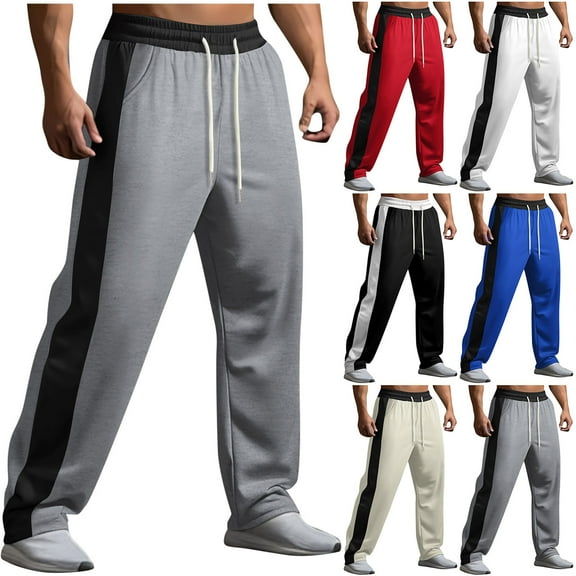 Fengqque Men's Color Blocked Elastic Waist Drawstring Elastic Pants with Pockets Sports Pants Long Pants White 10(XL)