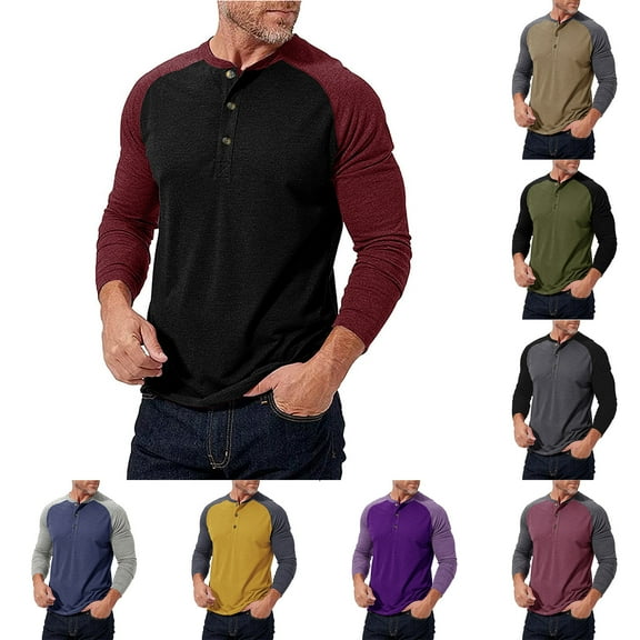 Fengqque Men's Color Blocked Long Sleeved Round Neck Quarter Button Loose and Casual Retro Pullover Yellow 10(XL)