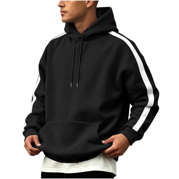 Fengqque Men's Contrast Side Stripe Hooded Sweatshirt Long Sleeve Pullover Hoodie Loose Fit Casual Athletic Outerwear with Drawstring & Kangaroo Pocket Black M