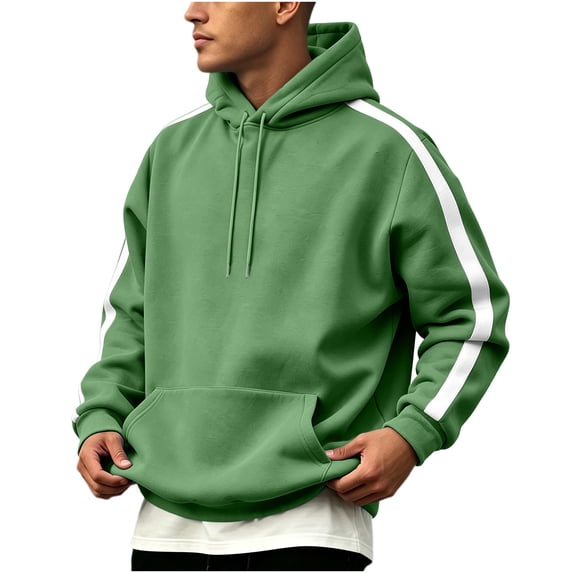Fengqque Men's Contrast Side Stripe Hooded Sweatshirt Long Sleeve Pullover Hoodie Loose Fit Casual Athletic Outerwear with Drawstring & Kangaroo Pocket Green 2XL