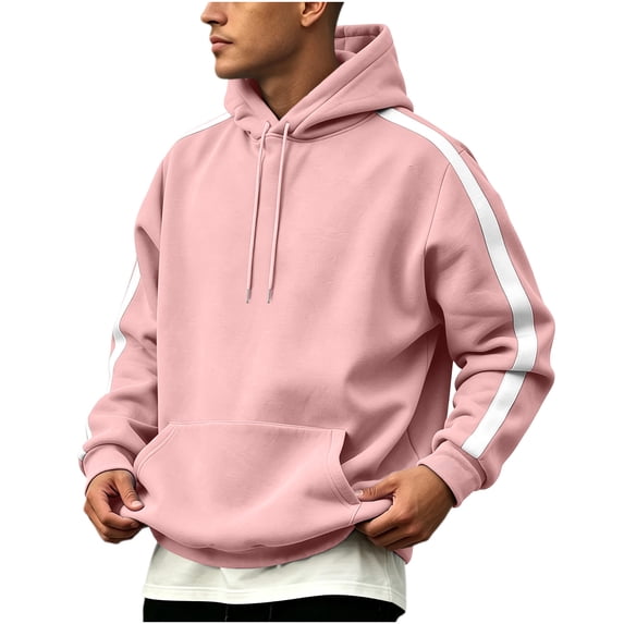 Fengqque Men's Contrast Side Stripe Hooded Sweatshirt Long Sleeve Pullover Hoodie Loose Fit Casual Athletic Outerwear with Drawstring & Kangaroo Pocket Pink 2XL