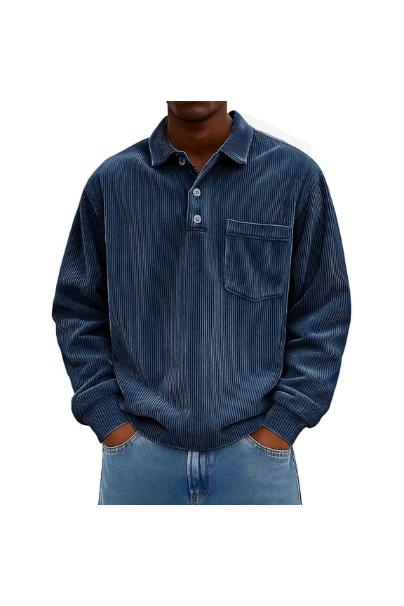Men's Corduroy Shirt Quarter Button Pullover Long Sleeve Polo Shirt Casual Work Shirt with Pocket Navy S(S)