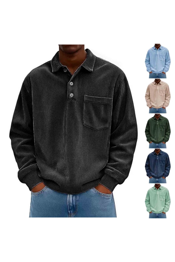 Men's Corduroy Shirt Quarter Button Pullover Long Sleeve Polo Shirt Casual Work Shirt with Pocket Navy XL(XL)