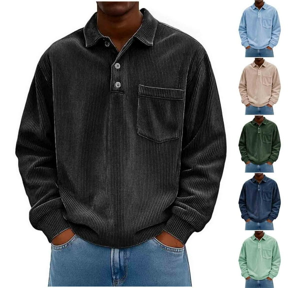 Fengqque Men's Corduroy Shirt Quarter Button Pullover Long Sleeve Polo Shirt Casual Work Shirt with Pocket Navy XL(XL)