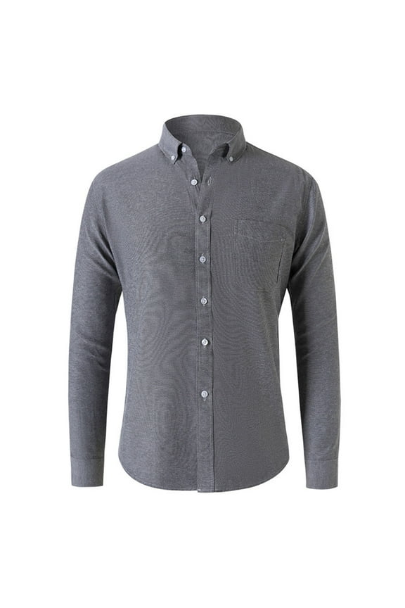 Men's Cotton Casual Comfortable Long Sleeved Lapel Button Solid Color Self-cultivation Shirt Gray 6(M)