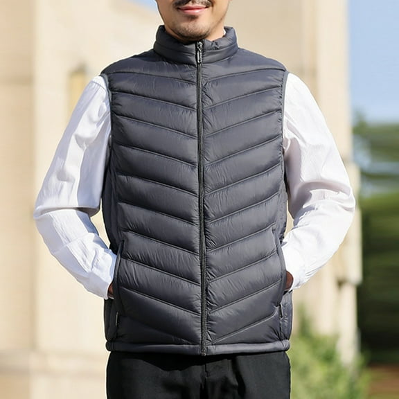 Fengqque Men's Cotton Sleeveless Stand Up Collar Zipper Vest Casual Stand Collar Quilted Waistcoat Outdoor Padded Ski Vest Gray L