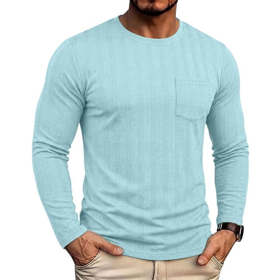 Fengqque Men's Crew Neck Long Sleeve T Shirt Slim Fit Basic Casual Solid Color Pullover Top with Pocket Sky Blue L