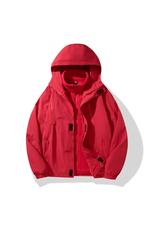 Men's Detachable Warm Inner Liner Lightweight Waterproof Rain Jacket Hooded Outdoor Raincoat Hiking Windbreake jacket Red L(L)