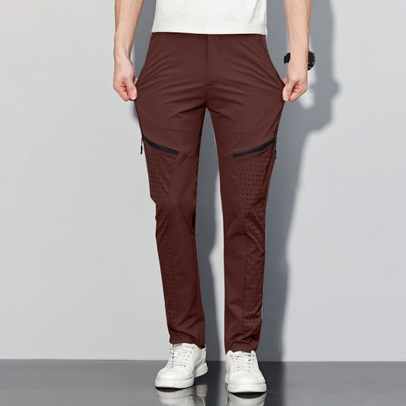 Fengqque Men's Elastic Waist Button Ice Silk Quick Drying Mesh Breathable Sweatpants Slim Fit Pants Coffee 31(31)