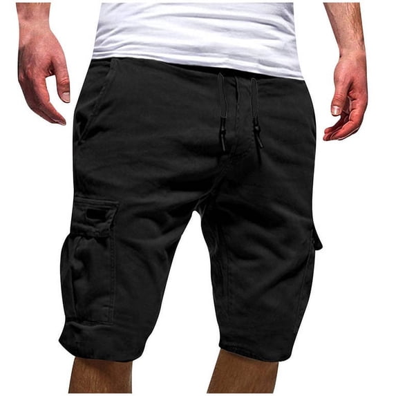 Fengqque Men's Elastic Waist Drawstring Hiking Shorts Tactical Cargo Short Pants Work Shorts with Multi Pockets Black 4(M)