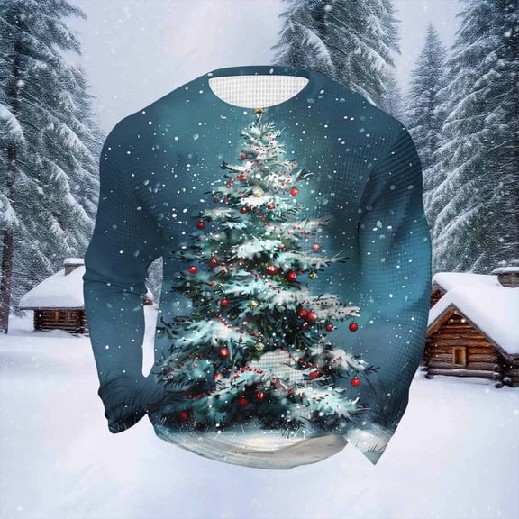 Fengqque Men's Fashion Casual Christmas Printed Long Sleeved Round Neck Self-cultivation Waffle Pullover Sky Blue L(L)