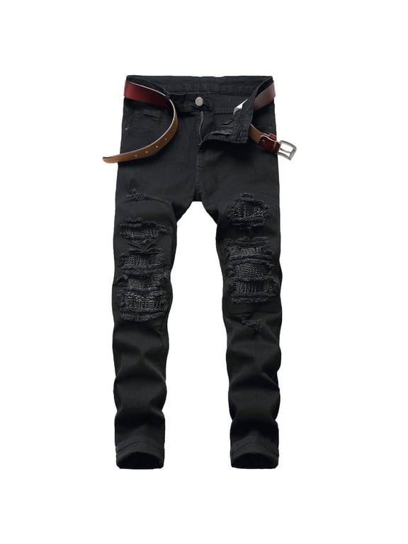 Men's Fashion Casual Distressed Destroyed Straight Self-cultivation Fit Washed Denim Jeans Pants Black 10(XXL)
