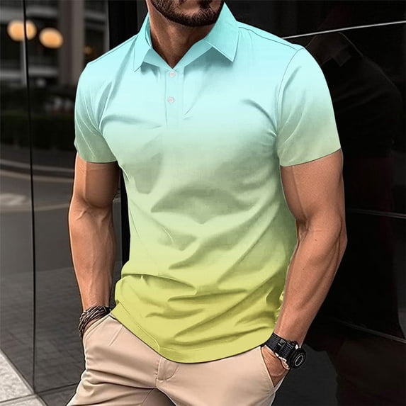 Fengqque Men's Fashion Casual Gradient Printed Short Sleeve Lapel Quarter Button Slim Fit Shirt Yellow L(L)