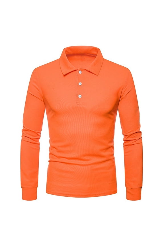 Men's Fashion Casual Long Sleeved Solid Color Quarter Button Up Lapel Self-cultivation Top Orange 8(L)