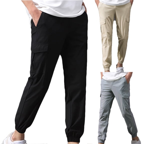 Fengqque Men's Fashion Casual Loose Pockets Drawstring Elastic Waistband Ice Silk Tapered Pants Khaki 10(XL)