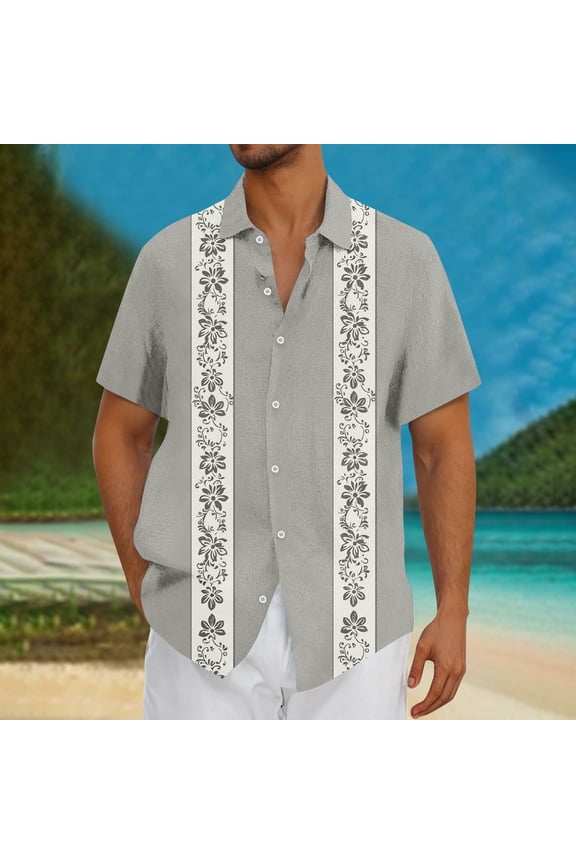 Men's Fashion Casual Plant Flower Hawaiian Shirt Printed Button Short Sleeve Lapel Shirt Gray 8(XL)