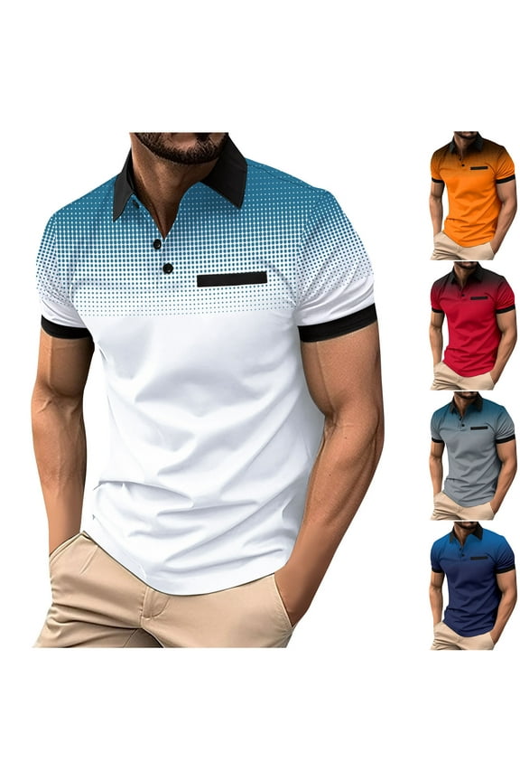 Men's Fashion Casual Polka Dot Gradient Lapel Button Short Sleeved Self-cultivation Top White 10(XL)