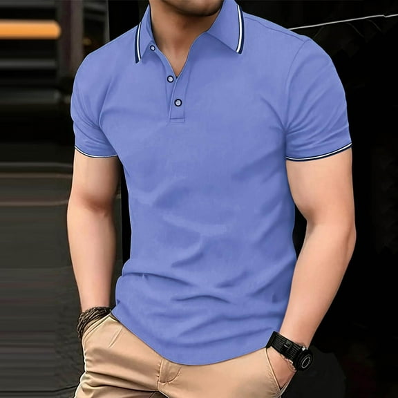 Fengqque Men's Fashion Casual Quarter Button Shirts Short Sleeve Casual Dress Shirts Summer Lapel Shirt Blue S(S)