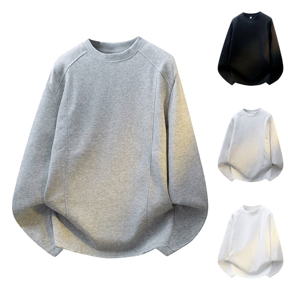 Fengqque Men's Fashion Casual Solid Color Long Sleeved Round Neck Loose Fitting Pullover Sweatshirt White XL(XL)