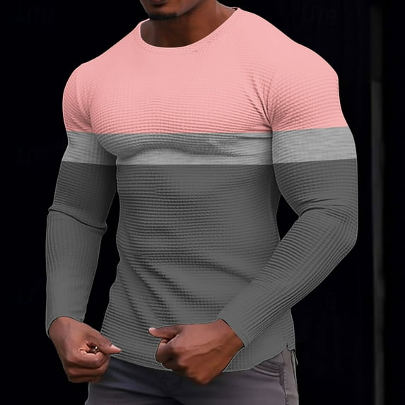 Fengqque Men's Fashion Elastic Compression Shirt Long Sleeve Round Neck Athletic Workout Shirt Pink XXL(XXL)