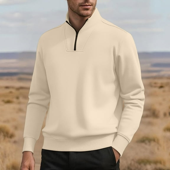 Fengqque Men's Fashion Quarter Zip Pullover Mock Neck Sweatshirts Long Sleeve Solid Pullover Khaki L(L)