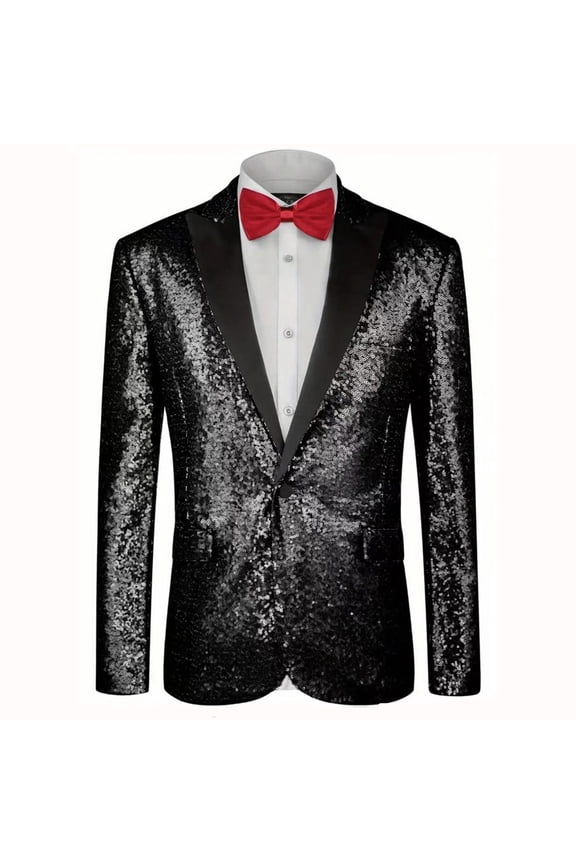 Men's Fashion Slim Fit Solid Color Glitter Long Sleeved Lapel Single Row One Button Casual Suit Jacket Black L(L)