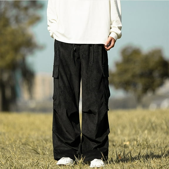Fengqque Men's Fashionable Casual Corduroy Elastic Waist Drawstring Pocket Straight Leg Wide Leg Work Pants Black 6(M)